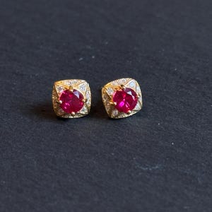 Lab Grown Ruby Stud Earrings, 18K Gold Plated Sterling Silver, 1 CTW (Gift Pouch)