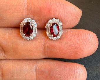 Lab Created Ruby Stud Earrings, Pigeon Blood Red Ruby Halo Earrings, S925 Sterling Silver 18K White Gold Plated, Elegant Everyday Jewelry