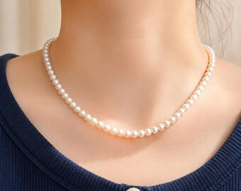 Natural White Freshwater Pearl Necklace, 5mm Near Round Pearls, Elegant Classic Pearl Strand Necklace, Timeless Jewelry for Women