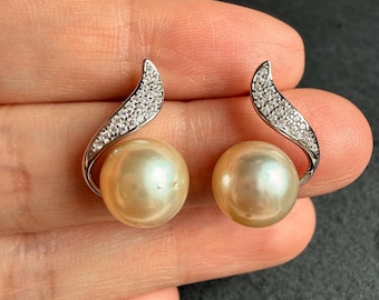 Natural Golden South Sea Pearl Stud Earrings, Creamy Gold Saltwater Pearls, S925 Sterling Silver Thick White Gold Plated Earrings