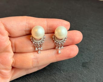 Natural Australian South Sea Pearl Stud Earrings 12.5mm | Round White Pearl Earrings | Princess Style | Sterling Silver White Gold Plated