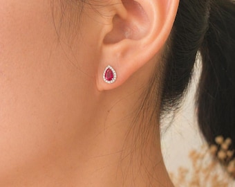 Pigeon Blood Lab Grown Ruby Earrings | Teardrop Cut Ruby Studs in S925 Sterling Silver | Timeless Elegant Everyday Jewelry