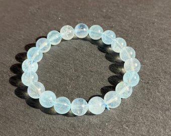 Baby Blue Aquamarine Bracelet 10mm | Natural Aquamarine Beaded Bracelet | Glowy Blue Gemstone Stretch Bracelet Gift for Her