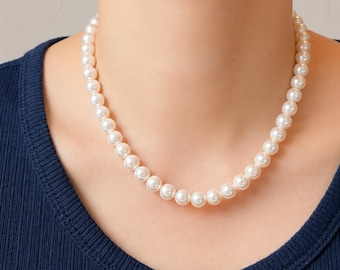8-9mm Edison Pearl Necklace, Natural Freshwater Pearl Strand, S925 Sterling Silver Clasp, Lustrous White Pearl Necklace, Classic Everyday