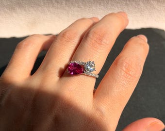 Luxury 1CT Moissanite & 2CT Lab Pink Sapphire Ring Sterling Silver Pear Cut Statement Ring Passes Diamond Tester