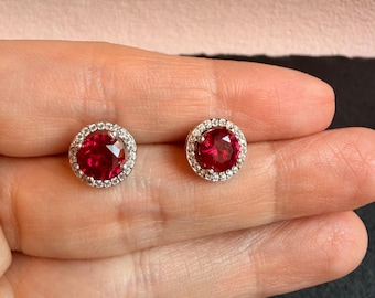 Ruby Stud Earrings, 1 Carat Lab Grown Ruby Earrings, Pigeon Blood Red Ruby Studs, Round Halo Earrings, S925 Sterling Silver, 18K White Gold