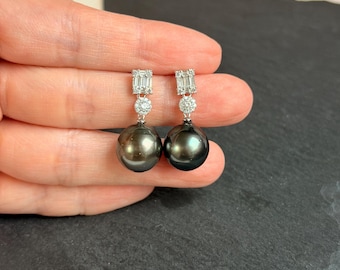 Natural Peacock Green Tahitian Pearl Earrings, 13mm High Luster Saltwater Pearls, S925 Sterling Silver Thick White Gold Plated Fine Jewelry