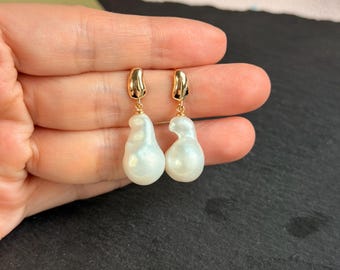 Natural South Sea Baroque Pearl Earrings, 12mm Australian Saltwater Pearls, S925 Sterling Silver Thick 18K Gold Plated, One of a Kind Pearl