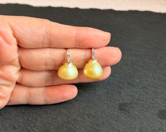 Natural South Sea Golden Pearl Earrings 13.6mm | Asymmetrical Creamy Gold Baroque Pearls | One of a Kind Organic Shape | Sterling Silver