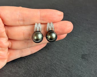 Natural Tahitian Black Pearl Earrings 12mm | Peacock Green Round Pearls | Luxury Statement Earrings | Sterling Silver