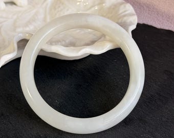 Natural White Soft Jade Bangle Bracelet 56.7mm, Milky Nephrite Jade with Oily Luster, Elegant Minimal Stone Jewelry, minimalist bangle