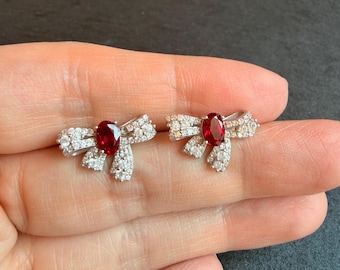 Lab Created Ruby Bow Earrings, Pigeon Blood Red Ruby Stud Earrings, S925 Sterling Silver Bow Knot Earrings for Women