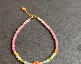 Natural Multicolor rainbow Tourmaline Bracelet, S925 Sterling Silver 18K Gold Plated Flower Bracelet, Delicate Gemstone Layering Jewelry