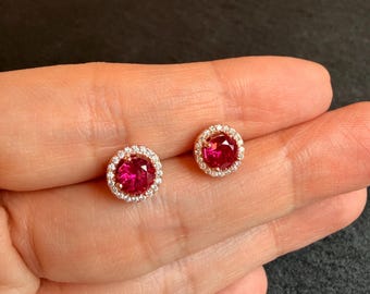 Lab Grown Ruby Stud Earrings 0.5 Carat Halo Earrings Rose Gold Plated S925 Sterling Silver July Birthstone Gift for Her