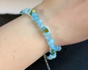 Natural Aquamarine Crystal Bracelet | Handmade Floral Gemstone Bracelet | Summer Fairycore Jewelry | Silver Adjustable Bracelet