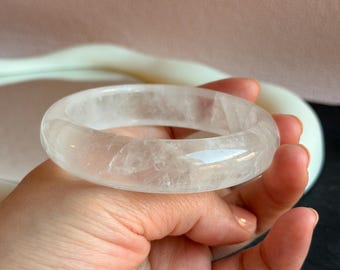 Natural Clear Quartz flack Icy Crystal Bangle Bracelet – Transparent Quartz Bracelety with Rainbow Light Handmade Minimalist Crystal Jewelry