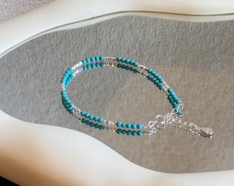 Natural Turquoise s925 3mm Gemstone Beaded Minimalist Women bracelets Gemstone Dainty Layering Beaded bracelets Sterling silver