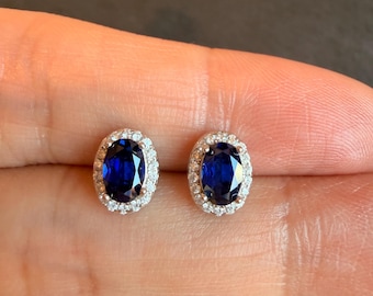 Lab Created Sapphire Stud Earrings, Oval Cut Blue Sapphire Halo Earrings, S925 Sterling Silver 18K White Gold Plated