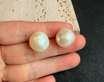 Rare 14-15mm White Baroque Edison Pearl Stud Earrings, S925 Sterling Silver, Rainbow Luster, High Shine Natural Pearl Jewelry