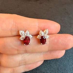 Elegant Ruby Leaf Earrings, 1 Carat Lab Created Pigeon Blood Ruby Studs, White Gold Plated S925 Sterling Silver everyday earrings minimalist