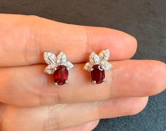 Elegant Ruby Leaf Earrings, 1 Carat Lab Created Pigeon Blood Ruby Studs, White Gold Plated S925 Sterling Silver everyday earrings minimalist