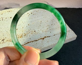 Minimalist Natural African Jade Thin Bangle 54.5mm | Vivid Green Jade Bracelet | Translucent White & Emerald Green | Untreated Everyday wear