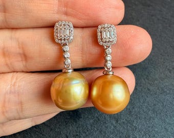 Natural Golden South Sea Pearl Earrings 12-13mm, High Luster South Sea Pearls, S925 Sterling Silver White Gold Plated Luxury Earrings