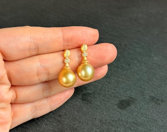 Natural Golden South Sea Pearl Earrings, 11mm High Luster Golden Pearls, S925 Sterling Silver Thick 18K Gold Plated Fine Jewelry