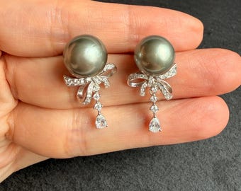 Tahitian Saltwater Pearl Bow Earrings, Natural 10.8mm Tahitian Pearls, Platinum Grey Pearls with Green Overtones, High Luster Luxury Pearl