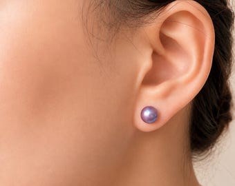 Natural Purple Freshwater Edison Pearl Earrings 7.5-8mm | Iridescent Mirror Luster Pearls | S925 Sterling Silver | Minimal Chic Studs