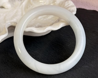 Natural White Nephrite Jade Bangle 53.4mm, Qinghai Nephrite Bracelet, Creamy Cloudy White Jade Round Bangle, Minimalist Gift for Her