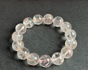 Rainbow Pink Quartz Crystal Bracelet 13.5mm | Natural Iridescent Inclusion Gemstone | Flashing Rainbow Light Beaded Bracelet
