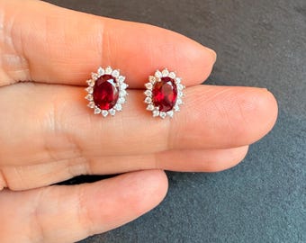1 Carat Lab Created Ruby Stud Earrings, Pigeon Blood Red Ruby Halo Earrings, S925 Sterling Silver 18K White Gold Plated