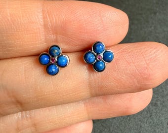 Natural Lapis Lazuli Clover Stud Earrings | S925 Sterling Silver | Four Leaf Clover Fine Jewelry | Lucky Gemstone Earrings
