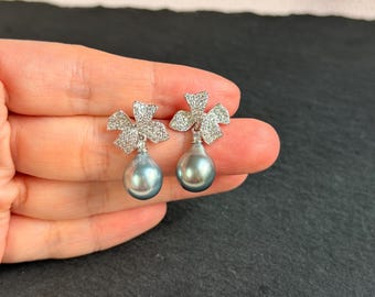 Luxury Tahitian Pearl Butterfly Earrings | Platinum Gray Mirror Luster Pearls | Near Flawless 10mm+ Teardrop Tahitian Pearls | S925 silver