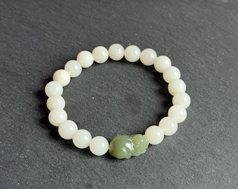 Natural White Nephrite Jade Beaded Bracelet with Green Pixiu Charm 8.5mm Jade Bracelet Lucky Feng Shui Wealth Bracelet perfect gift
