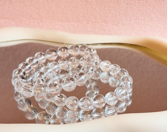 High Quality Clear Quartz Bracelet, Natural White Crystal Beaded Bracelet, Healing Crystal Jewelry, Minimalist Stretch Bracelet, Energy Prot