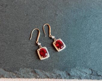 2 Carat Lab Ruby Drop Earrings, Pigeon Blood Red Ruby Halo Earrings, S925 Sterling Silver White Gold Plated, Vintage Luxury Bridal Jewelry