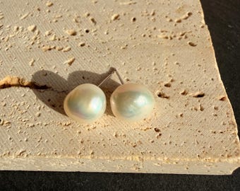 10mm Natural Baroque Edison Pearl Stud Earrings, High Luster Shiny Pearl, S925 Sterling Silver, Premium Quality Statement Jewelry