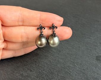 Genuine Tahitian Pearl Earrings | Fleur-de-Lis Drops, High Luster Black Pearls, Sterling Silver