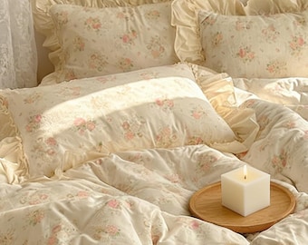 Fairy Florals Duvet Cover Set, French Coquette Lace Cotton Bedding Set, Princess Flowers Ruffle Bed Sheet,Aesthetic Cottagecore Bedding Set