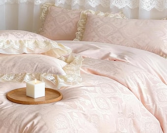 Elegant French Princess Pure Cotton Duvet Cover Set,Chiffon Double-Layer Ruffled Washed Bedding,Romantic Ruffled Bed Linens with Dainty Lace