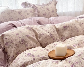 Fresh pastoral floral duvet cover set, Princess Flowers Ruffled Lace Bed Sheet, Coquette Cotton Bedding Set, Double Layer Gauze Bedding Set