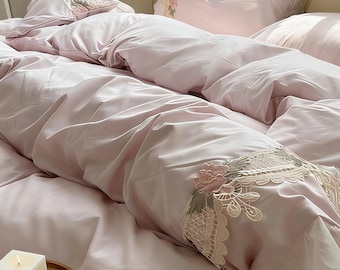 Pink Farmhouse Duvet Cover, Coquette Lace Trim Cotton Bedding Set, Flowers Princess Ruffle Duvet Cover, Aesthetics Cottagecore Bedding Set