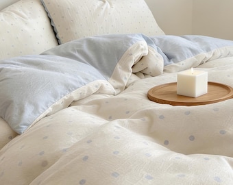 Gentle Blue Polka Dot Bedding , Adorable Ditsy Floral Bedding, Minimalist Cottagecore Bedding Set,  Aesthetics Cottagecore Duvet Cover Set