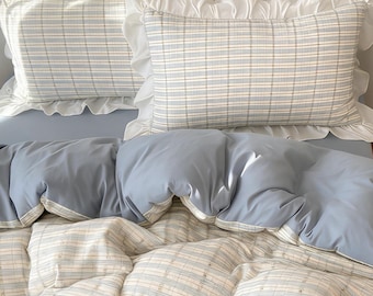 Minimalist French Gingham Stripe Bedding Set, Princess Large Ruffled Duvet Cover, Pure Cotton Duvet Cover, Aesthetic Cottagecore Bed Sheet