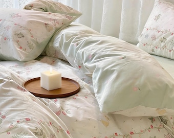 Fresh Green Duvet Cover Set, Flower Princess Ruffle Duvet Cover, Aesthetics Cottagecore Bedding Set, Soft Gentle Aesthetic Full Bedding Set