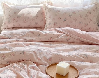 Double Layer Gauze Ruffled Duvet Cover,French Pure Cotton Bedding Set, Princess Florals Ruffle Bed Sheet,Retro Flower Pattern Quilt Cover