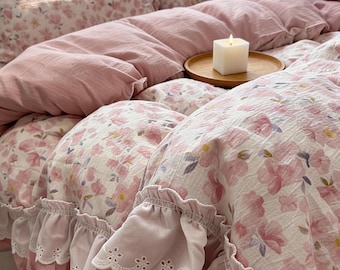 Fairy Floral Duvet Cover Set, Princess Flowers Ruffled Lace Bed Sheet, Coquette Cotton Bedding Set, French Double-Layer Gauze Bedding Set