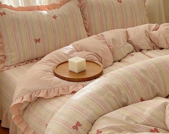 Double Layer Crinkled Gauze Ruffle Duvet Cover, Striped Pure Cotton Duvet Cover, Princess Flowers Duvet Cover, Aesthetic Cottagecore Bedding